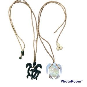 Pair of Carved Water Buffalo Bone Sea Turtle Hawaiian Necklaces Green White/Tan